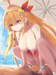 1boy 1boy1girl 1girls ahoge assertive bar_censor beach_umbrella big_breasts bikini blush bouncing_breasts breasts censored clothed clothed_female collarbone cowgirl_position cum cum_in_pussy cum_inside faceless_male female female_focus female_on_top green_eyes highres koshian_(taiyaki) long_hair m_legs male nipples orange_hair pecorine penis photo princess_connect! princess_connect!_re:dive riding sex smile socks solo_focus spread_legs squatting squatting_cowgirl_position straddling straight swimsuit umbrella vaginal vaginal_penetration vaginal_sex very_long_hair