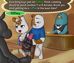 animal_crossing big_balls blue_feathers brewster_(animal_crossing) brown_fur brown_hair casual_sex cumming doubutsu_no_mori free_use hammy master_(doubutsu_no_mori) nintendo rabbit roscoe_(animal_crossing) tiffany_(animal_crossing) white_fur