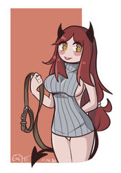 1girls collar demon_girl female female_only femdoc holding_leash holding_object horns implied_femdom leash original_character red_hair scp scp-6660 scp_foundation solo tagme