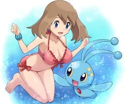 barefoot bikini bikini_bottom bikini_top blue_eyes bow bowtie bracelet brown_hair cute feet knees_together knees_together_feet_apart large_breasts manaphy may_(pokemon) nintendo open_mouth pokemoa pokemon pokemon_(movie) pokemon_ranger_and_the_temple_of_the_sea pokemon_rse red_bikini sea swimsuit swimwear teenager underwater water young