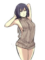 1girls alternate_hairstyle armpits arms_behind_head backless_outfit bangs bottomless brown_eyes clothing curvy curvy_figure female female_only genosick hair_down long_hair mitarashi_anko naruto naruto_(series) naruto_shippuden no_bra purple_hair revealing_clothes simple_background solo sweater virgin_killer_sweater white_background wide_hips