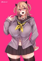 big_breasts blonde_hair cat_ears curvy fangs huge_breasts kaenuco looking_at_viewer mia_(kaenuco) midriff miniskirt open_mouth original pink_eyes school_uniform schoolgirl thick_thighs thighhighs