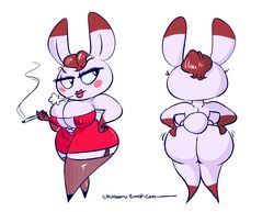 animal_crossing big_ass big_breasts brown_hair dress nintendo rabbit smoking smutbooru solo stockings tiffany_(animal_crossing) white_fur