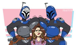 5_fingers anita_sarkeesian armor belt big_ass blue_headwear blue_helmet bo-katan_kryze body_armor bodysuit breasts breasts_out cleavage drawsputin female female_focus female_only feminist helmed helmet helmet_over_eyes helmet_with_visor highres huge_breasts koska_reeves mandalorian mandalorian_armor meme sasha_banks skin_tight star_wars tagme the_mandalorian thick_thighs upper_body