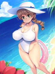 1girls barefoot beach big_breasts braid braided_hair breasts brown_hair clothed clothed_female colored female female_focus female_only fully_clothed glasses huge_breasts human large_breasts light-skinned_female light_skin looking_at_viewer medium_hair ocean one-piece_swimsuit original_character photo public smile solo solo_female solo_focus swimsuit udonko072