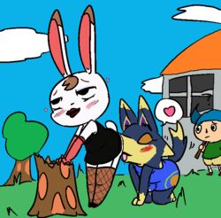 1girls 2boys animal_crossing animal_crossing_boy anthro brown_hair nintendo nose_to_anus rabbit sniffing sniffing_anus tiffany_(animal_crossing) villager_(animal_crossing) white_fur wolfgang_(animal_crossing)