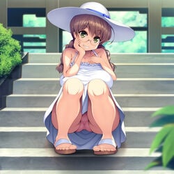 1girls ass big_breasts braid braided_hair breasts brown_hair cameltoe clothed clothed_female dress exhibitionism female female_focus female_only fully_clothed glasses hat open_toe_shoes original_character panties photo public sandals smile solo solo_female sun_hat sundress udonko072 underwear upskirt