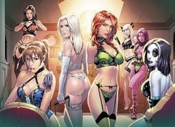 6+girls 7girls ass blink_(x-men) blonde_hair breasts brian_miller brown_hair clarice_ferguson curvy domino_(marvel) emma_frost female female_only hi-fi_design jean_grey jordan_gunderson kitty_pryde laura_kinney lingerie magik_(illyana_rasputin) marvel marvel_comics marvel_girl multiple_girls neena_thurman phoenix_(x-men) posing red_hair shadowcat take_your_pick white_queen x-23 x-force x-men