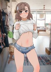 1girls axfa belly_button biribiri blush brown_eyes brown_hair denim_shorts embarrassed female hair hair_ornament lifting_shirt light-skinned_female light_skin looking_at_viewer misaka_mikoto schoolgirl short_shorts shorts skinny skinny_girl skinny_waist small_waist solo standing to_aru_kagaku_no_railgun to_aru_majutsu_no_index toned toned_female