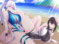 2girls bangs bare_shoulders beach black_hair black_swimsuit blue_sky blue_swimsuit blush breasts bun_cover censored covered_navel double_bun fate/grand_order fate_(series) green_eyes green_ribbons highleg highleg_swimsuit highres huge_breasts licking_lips long_hair multiple_girls one-piece_swimsuit ponytail qin_liangyu_(fate) red_eyes ribbon shore sidelocks silver_hair sky smile swimsuit tomoe_gozen_(fate) tomoe_gozen_(swimsuit_saber) tongue tongue_out tribadism very_long_hair watosu_(watosu_mama) wet white_swimsuit yuri