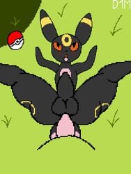 3:4 black_body black_fur blush dronemillion duo eeveelution eye_roll feral fur grass lying male male/male nintendo on_back pokémon_(species) pokeball pokemon pokemon_(species) thick_thighs tongue tongue_out umbreon video_games