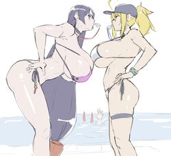 2girls artoria_pendragon ass baseball_cap beach bent_over big_breasts bikini blonde_hair breasts cleavage dark_hair eu03 eyepatch_bikini fate/grand_order fate_(series) hand_on_hip hand_on_own_hip huge_breasts looking_at_partner mature_female milf minamoto_no_raikou_(fate/grand_order) minamoto_no_raikou_(swimsuit_lancer) multiple_girls mysterious_heroine_xx_(foreigner) ponytail side-tie_bikini side_view sideboob thick_thighs water whistle