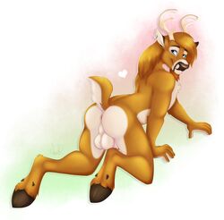 absurd_res all_fours anthro antlers ass balls brown_body brown_fur cervid check_tag_type crawling ear_piercing erection ewan_j._redding fur genitals girly hair hi_res hooves horn humanoid_genitalia humanoid_hands humanoid_penis kwik_(artist) long_hair looking_at_viewer looking_back male mammal nude penis piercing pinup pose smile smiling_at_viewer solo