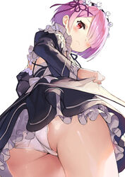 1girls absurdres ass blush close-up commentary_request detached_sleeves dress dress_lift female female_only frills from_below frown gaou hair_ornament hair_over_one_eye hairband highres looking_at_viewer looking_back looking_down low-angle_view maid maid_headdress maid_uniform matsui_hiroaki miniskirt panties pink_hair ram_(re:zero) re:zero_kara_hajimeru_isekai_seikatsu red_eyes roswaal_mansion_maid_uniform short_hair simple_background skirt solo underwear upskirt white_background white_panties x_hair_ornament