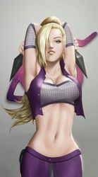 1girls arms_behind_head blonde_hair blue_eyes breasts cleavage clothed clothing crossed_arms curvy curvy_figure female female_only fishnet_armwear fishnet_top fishnets green_eyes hair_over_one_eye holding_object ino_yamanaka konohagakure_symbol kunai long_hair looking_at_viewer n6023 naruto naruto_(series) naruto_shippuden naughty_face one_eye_covered pale_skin ponytail shirt skirt sleeveless sleeveless_shirt slim solo tubetop unbuttoned unbuttoned_shirt upper_body weapon