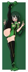 1girls big_breasts black_eyes blush bodysuit boots clothed female female_only froppy green_background green_hair heart-shaped_pupils hero_outfit_(mha) hungy long_hair looking_at_viewer my_hero_academia open_clothes peace_sign skin_tight solo solo_female solo_focus spread_legs tongue_out tsuyu_asui wide_hips