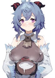 1girls big_breasts blue_hair blush bodysuit breasts cocogoat_milk coconut cowbell erect_nipples ganyu_(genshin_impact) genshin_impact highres horns lactation lactation_through_clothes lactation_without_expressing large_breasts leaking looking_at_viewer milk purple_eyes sh_(562835932)