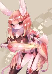 1girls anthro blush bunny clothing cute female fluffy fluffy_tail fur furry heart lagomorph looking_at_viewer mammal pink_body pink_fur red_eyes sbi_arki sweat tail weapon