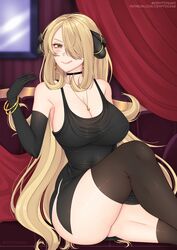 1girls accessory bare_thighs big_breasts blonde_hair choker cleavage clothed clothed_female cryptid_crab cynthia_(pokemon) elbow_gloves gloves hair_over_one_eye large_breasts licking_lips long_hair looking_at_viewer necklace nintendo pokemon solo solo_female thick_thighs thighhighs very_long_hair