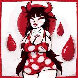 atwistedsinner big_breasts boncubus cow_girl cow_print horns huge_breasts pale_skin pasties red_dress red_lipstick sona_(cinnabus)