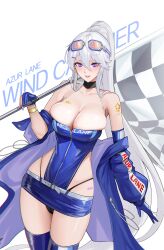 asymmetrical_sleeves azur_lane bare_shoulders belt black_panties bracelet breasts checkered_flag choker cleavage clothing_cutout english english_text enterprise_(azur_lane) enterprise_(wind_catcher)_(azur_lane) eyewear_on_head female fingerless_gloves flag gloves goggles goggles_on_head holding_object large_breasts lips long_hair long_ponytail looking_at_viewer miniskirt overflowing_breasts painted_nails panties ponytail purple_eyes race_queen skirt star sunglasses_on_head tagme thick_thighs thighhighs thighs tsuki_no_i-min white_background white_hair zipper