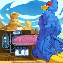 1:1 2020 absurdres anthro avian bird blue_body blue_feathers bodily_fluids canyon erection factory falco_lombardi feathers genital_fluids genitals highres internal macro male male_only micro mountain nintendo ozoneserpent penile penis penis_milking precum smile solo star_fox togepi1125 tunnel worship