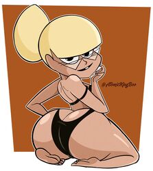 ass_focus atomickingboo baby_doll batman:_the_animated_series batman_(series) big_ass black_eyes black_lipstick blonde_hair bottom_heavy bra dc dc_comics dcau exposed_ass female glasses kneeling looking_over_shoulder mary_dahl panties pawg round_ass shortstack solo thick_thighs