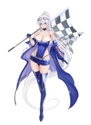 asymmetrical_sleeves azur_lane bare_shoulders belt black_panties bracelet breasts checkered_flag choker cleavage clothing_cutout english english_text enterprise_(azur_lane) enterprise_(wind_catcher)_(azur_lane) eyewear_on_head female fingerless_gloves flag gloves goggles goggles_on_head holding_object large_breasts lips long_hair long_ponytail looking_at_viewer miniskirt overflowing_breasts painted_nails panties ponytail purple_eyes race_queen skirt star sunglasses_on_head tagme thick_thighs thighhighs thighs tsuki_no_i-min white_background white_hair zipper