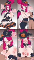 1girls bewitching_janna big_breasts blue_eyes blush breasts censored cum elf elf_ears glasses heart hudak janna_windforce league_of_legends male nipples paizuri partially_clothed penis pink_hair pointy_ears pumpkin simple_background smothering sweat text translation_request witch_hat