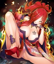 astaroth_(taimanin_asagi) big_breasts demon female flame gold_eyes pink_panties potion_(moudamepo) red_hair taimanin_(series)