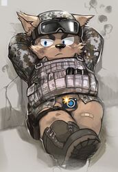 anthro balls bandage bottomless camo canid canine canis censored clothed clothing domestic_dog emoji emoji_censor eyewear genitals goggles hi_res kita_9999 lying male male_only mammal military military_boots military_uniform on_back shortstack soldier solo uniform warrior