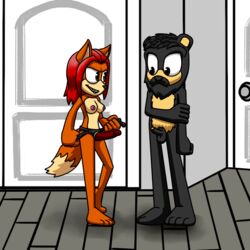 bear beard black_fur brown_eyes couple excited fan_character femdom fox fur furry green_eyes imminent_sex lesitsa misha misha_and_lesitsa nervous orange_fur pegging red_hair russianbear_(artist) sharp_teeth small_penis sonic_(series) straight strap-on