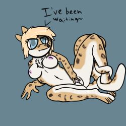 1:1 absurd_res anthro big_breasts blonde_hair breasts dripping felid feline female genitals hair hi_res leopard liquid mammal nude pantherine papurukira pussy seductive solo spread_pussy spreading