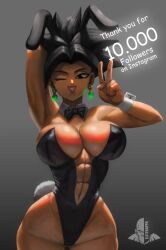 abs black_eyes black_hair bunny_ears bunny_girl bunny_tail bunnysuit cleavage dragon_ball elitenappa female female_only female_saiyan huge_breasts kefla potara_earrings red_lipstick saiyan solo victory_pose wink