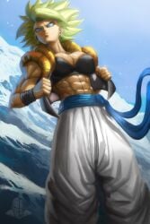 1girls abs big_breasts blue_eyes caule cleavage dragon_ball dragon_ball_super earrings elitenappa female female_only female_saiyan fusion fusion_dance green_hair hypothetical_fusion kefla legendary_super_saiyan metamoran_clothing metamoran_fusion muscular muscular_female saiyan super_saiyan super_saiyan_2