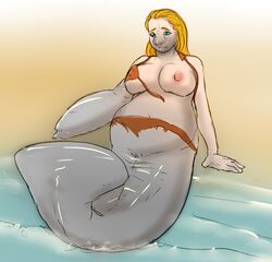 2017 big_breasts bikini bikini_bottom bikini_top blonde_hair breasts clothing female genitals grey_body hair human mammal manatee marine merfolk mermaid mid_transformation navel nipples pussy sirenian solo species_transformation swimwear tigertwins torn_clothing transformation water