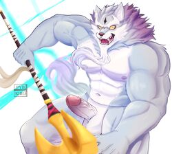 1boy 2020 anthro balls biped canid canine canis erection fur furry genitals grey_body grey_fur grey_tail hi_res holding_mace holding_object holding_weapon law_(sdorica_sunset) mace male male_only mammal melee_weapon multicolored_body multicolored_fur muscular muscular_anthro muscular_male navel nipples open_mouth pecs penis pkylblu sdorica solo solo_male two_tone_body two_tone_fur weapon white_body white_fur wolf