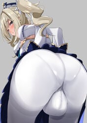 1futa ass back_view backsack ball_bulge balls balls_in_panties balls_under_clothes barbara_(genshin_impact) big_balls blonde_hair blue_eyes blush bulge close-up clothed clothing dress from_behind fully_clothed futa_only futanari genshin_impact huge_bulge human looking_at_viewer nun pale_skin pantyhose shiratori_serano skirt solo solo_futa tights twintails white_legwear