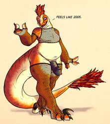 anthro armsocks balls big_tail black_penis bodily_fluids clothing dialogue dinosaur dromaeosaurid english_text fishnet genital_fluids genitals girly hi_res larathen larathen_(character) legwear lizard male male_only penis precum reptile scalie slightly_chubby slightly_fat solo stockings text theropod