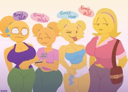 4girls anthro big_breasts breasts cameltoe clothed clothed_female clothing dialogue emoji emoji_(race) emoji_bitch emoji_milf emoji_slut emoji_thot emojifam_(sssir8) female female_focus female_only fingering fully_clothed hand_in_pants hand_under_clothes leggings masturbation milf mob_face multiple_girls no_outlines older_female ponytail slobbyslapper sssir sssir8 stealth_masturbation tank_top tight_clothing tight_fit tights yellow_hair yellow_skin