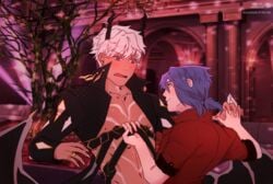 2boys blush demon demon_boy demon_horns eye_contact grabbing incubus male male_only mammon_(obey_me) obey_me!_one_master_to_rule_them_all original_character purple_hair shoknsfw tagme teasing white_hair yaoi