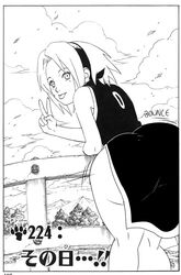 1girls ass big_ass big_butt denizen1414 edit female hairband huge_ass kishimoto_masashi looking_at_viewer manga monochrome motion_lines naruto naruto_(classic) peace_sign sakura_haruno sakura_haruno(genin) short_hair solo tongue_out