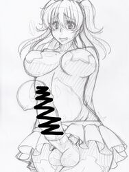 1futa anzu_kuniyoshi balls big_penis blush breasts busty censored cleavage condom condom_balloon condom_filling erection filled_condom full-package_futanari futanari hair hands_behind_back hiromin horny intersex medium_breasts mini_skirt navel panting pasties penis penis_under_skirt sketch skirt smile solo_futa star_pasties testicles voluptuous