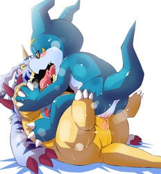 absurd_res animal_genitalia anthro bodily_fluids chibineco cloaca cloacal digimon digimon_(species) drooling duo gabumon genitals hi_res horn kissing legs_up male male/male neoteny saliva slightly_chubby slitfluid stacking tongue veemon