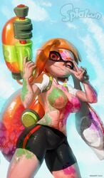 anthro black_shorts body_paint breasts cephalopod cephalopod_humanoid humanoid ink inkling inkling_girl kaori_(splatoon) mask mask_(marking) nintendo nude orange_eyes orange_hair peace_sign pointy_ears shorts sky_background smile splatoon splattershot squid tentacle tentacle_hair venjiiart wink winking_at_viewer