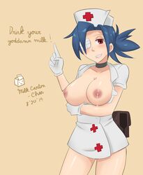 +_+ 1girls 2014 blue_hair breasts breasts_out choker english erect_nipples eye_patch female gloves hat index_finger_raised lactation looking_at_viewer milkcarton-chan nipples nurse nurse_cap ponytail pussy red_eyes simple_background skullgirls smile solo standing tan_background tied_hair valentine_(skullgirls) white_gloves