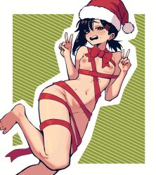 chainsaw_man christmas dayo34 embarrassed female higashiyama_kobeni nude_female peace_sign ribbon ribbon_bondage small_breasts solo tied_up