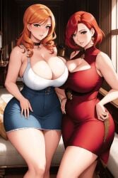 2girls ai_generated bare_legs bare_shoulders big_breasts blue_eyes blush boob_window bracelet breast_squeeze breasts breasts_bigger_than_head choker collar commentary_request curvaceous curvy daughter denim denim_clothing denim_skirt earrings female female_only ginger ginger_hair hair_between_eyes hand_on_hip hourglass_figure huge_breasts indoors lia_the_busty_redhead long_hair looking_at_viewer medium_hair milf mommy mother mother_and_daughter oc orange_hair original original_characters red_dress seductive seductive_look seductive_smile self_upload sitting tagme thick_thighs thighs tight_clothing tight_fit voluptuous voluptuous_female white_body white_skin