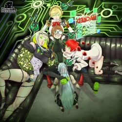 5girls aegis_(persona) aigis_(persona) android artificial_intelligence atlus blonde_hair blue_hair bodysuit breast_sucking breast_sucking_through_clothes clothing company_connection couch cunnilingus cunnilingus_through_clothes detached_hair evil_smile eyewear female female_only fingering fingering_through_clothes gameplay_mechanics glasses glowing glowing_eyes green_eyes green_hair harem heart-shaped_pupils highres human in-franchise_crossover joints labrys labrys_(persona) lemonfiti megami_tensei mind_control multiple_girls oral orange_hair pale_skin persona persona_3 persona_4:_the_ultimate_in_mayonaka_arena persona_4_arena persona_5 persona_5_scramble:_the_phantom_strikers red_hair ringo_(soul_hackers) robot_joints sakura_futaba sharp_teeth short_hair smile sophia_(persona_5) soul_hackers soul_hackers_2 teeth through_clothes twintails yuri