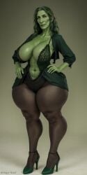 ai_generated big_breasts borednlonely green_skin high_heels mature_female thick_legs thick_thighs ugly ugly_female ugly_woman witch